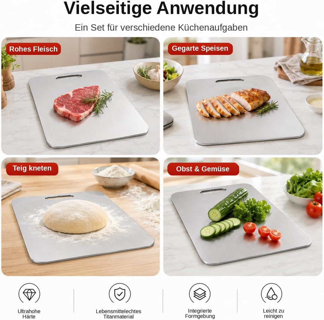 3 Stücke Titan Schneidebrett S316 Edelstahl, BPA-frei Doppelseitiges Board für Fleisch, Brot, Gemüse