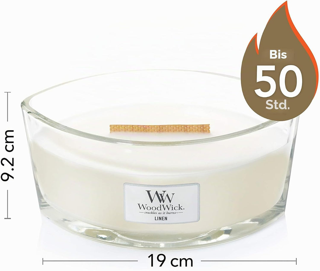 Ellipsenförmige WoodWick Duftkerze mit knisterndem Docht, Linen, bis zu 50 Stunden Brenndauer, 454g