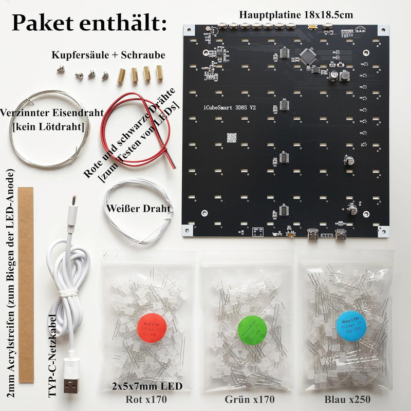 iCubeSmart 8x8x8 LED Cube Elektronik Bausatz DIY Electronic Kit DIY Löten Bausatz (3D8S-MULTI) Multi