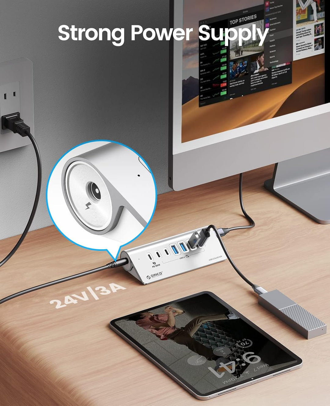 USB-Hub, ORICO USB-C-Hub, 3.2 Gen 2, Stromversorgung mit 7 Ports, 10 Gbit/s mit 4 USB C, 2 USB A, PD
