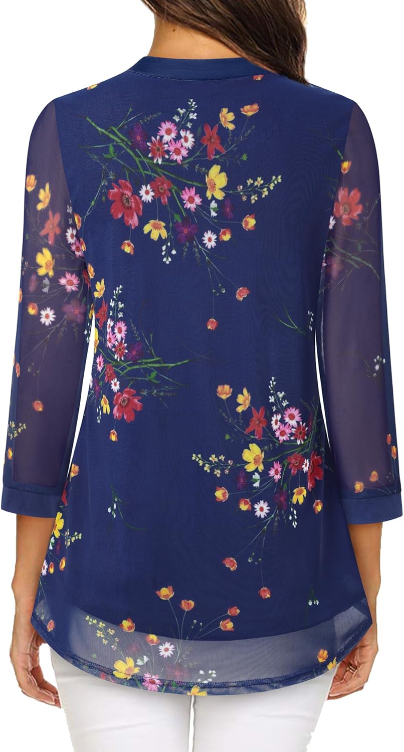 Damen 3/4 Ärmel Oberteil Henley V-Ausschnitt Hemden doppellagig Mesh Bluse Tuniken, XXL Blau Blumen