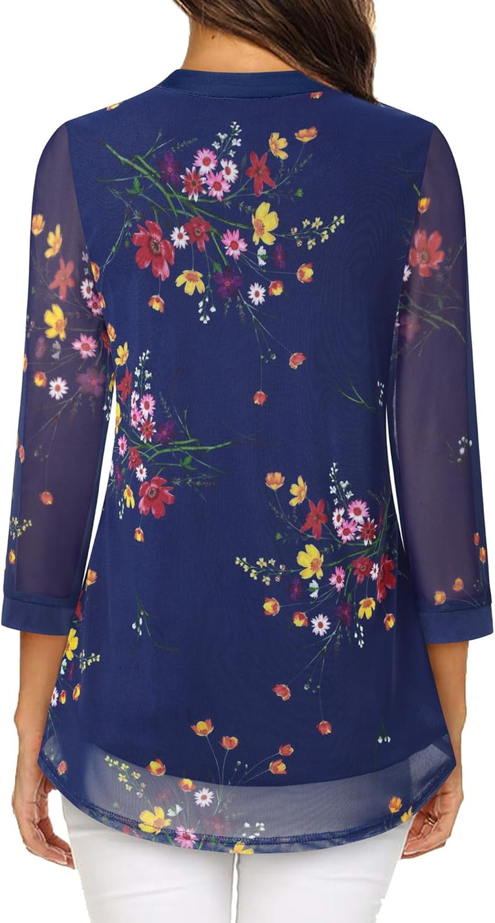 Damen 3/4 Ärmel Oberteil Henley V-Ausschnitt Hemden doppellagig Mesh Bluse Tuniken, XXL Blau Blumen