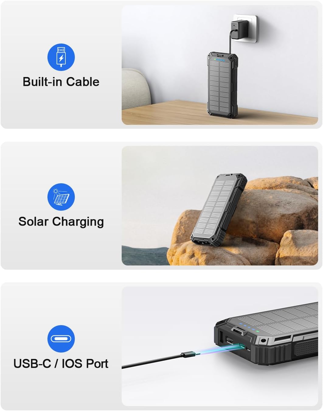 Solar Powerbank, 26800 mAh Tragbares Ladegerät mit 4 Integrierten Kabeln, Solar-Akkuladegerät mit US
