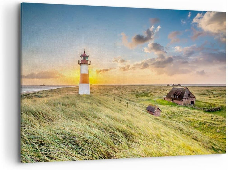 Bilder auf Leinwand 100x70cm Leinwandbild mit Rahmen Leuchtturm Meer Gross Wanddeko Bild Schlafzimme