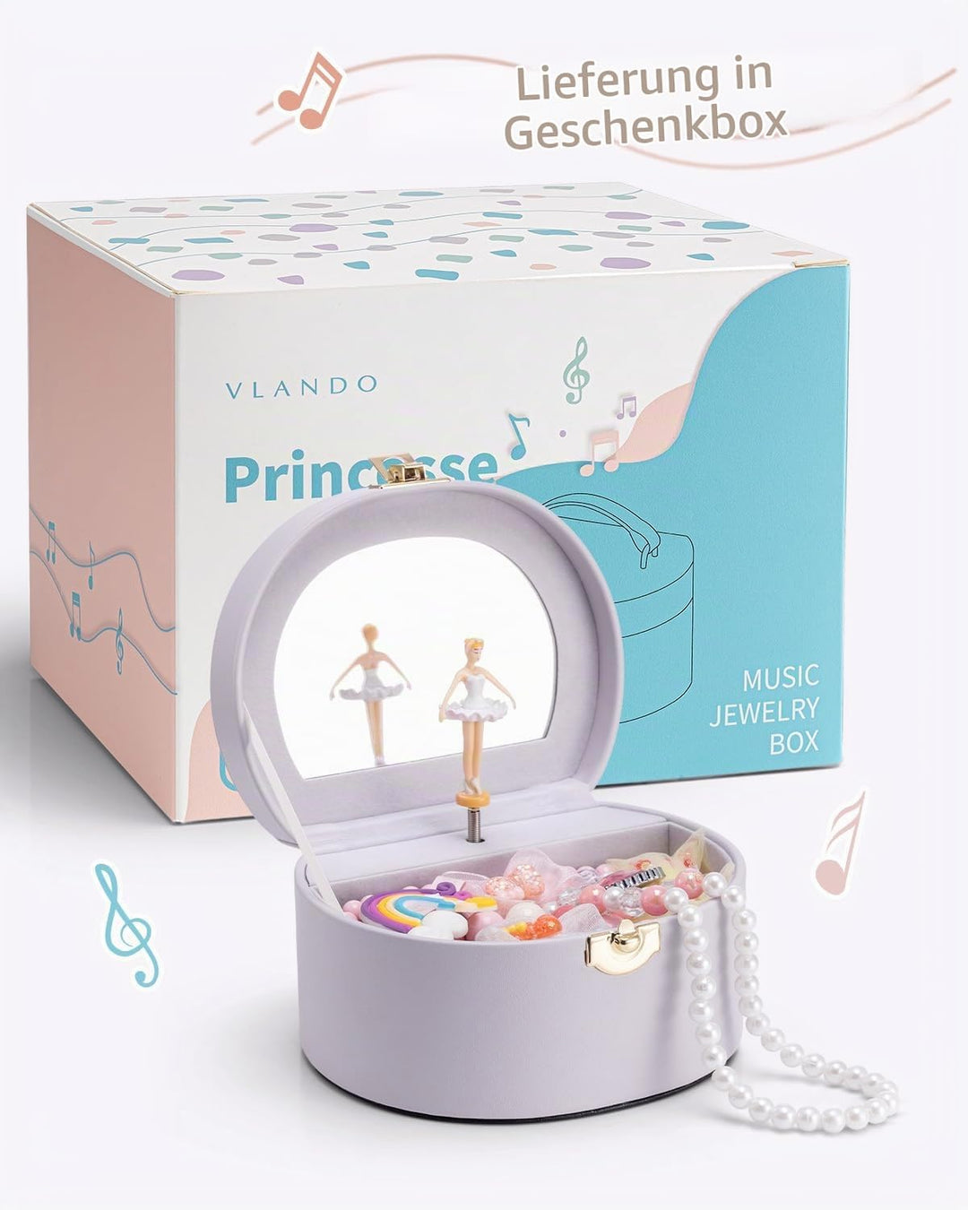 VLANDO Schmuckkästchen Mädchen,Schmuckkasten Kinder mit Drehendem Ballerina | Spielzeug Geschenk 4 5