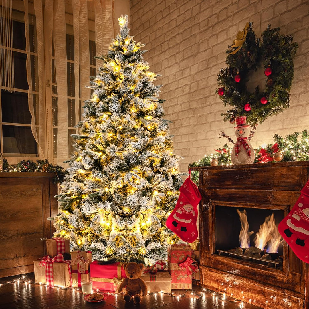 COSTWAY 180 cm Künstlicher Weihnachtsbaum mit Schnee und Beleuchtung, Tannenbaum mit 250 Warmweissen