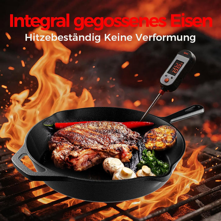 YASHE Gusseisenpfanne 26 CM, flache Bratpfanne für Steak und Fleisch, induktionsgeeignet, ofenfest,