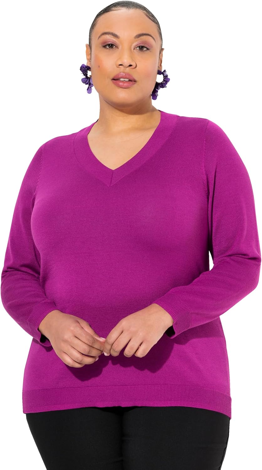 Ulla Popken Damen, V-Ausschnitt, Langarm, Weicher Feinstrick Pullover 42-44 Beere, 42-44 Beere