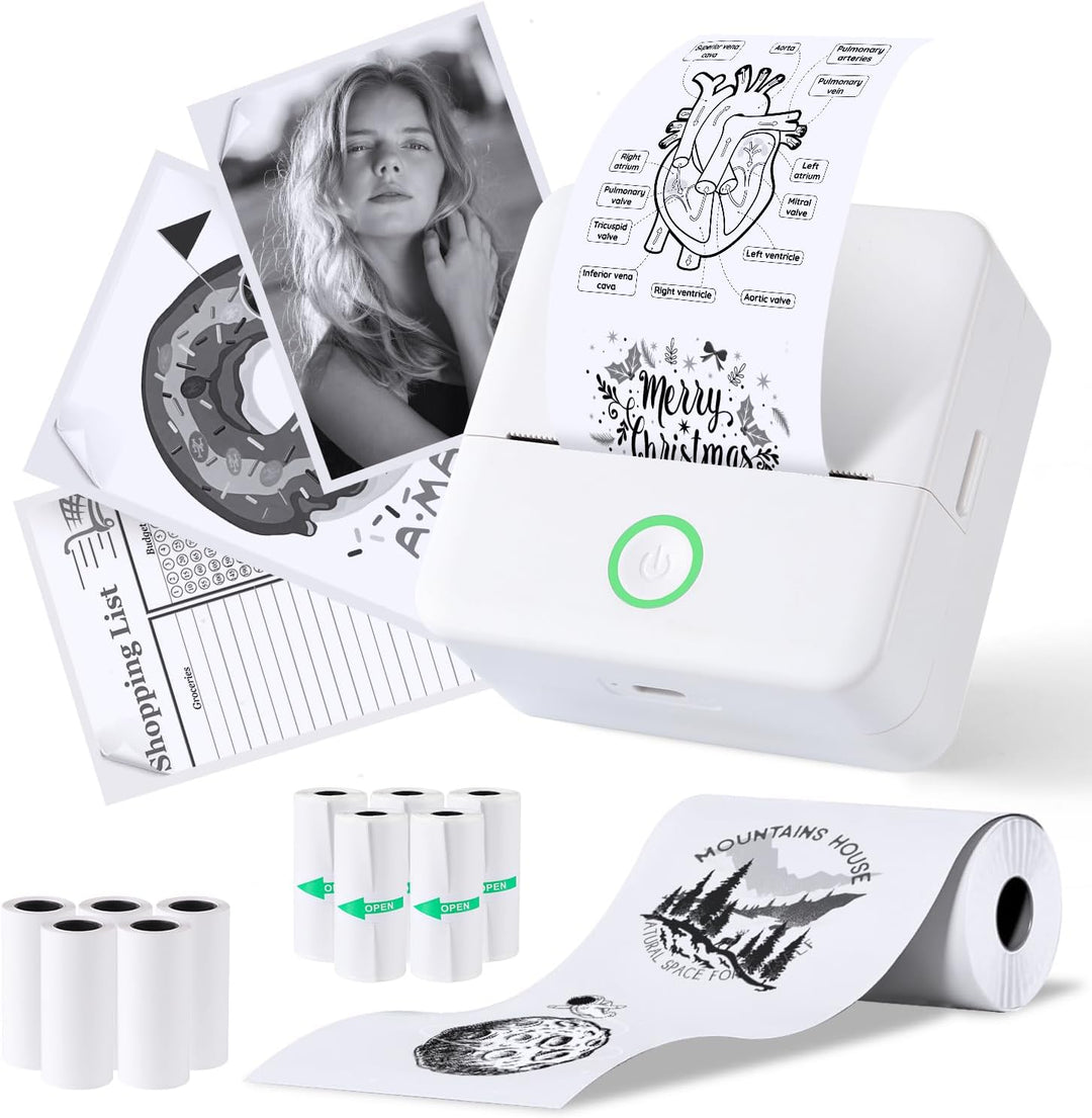 PRAOAHEI Mini Drucker, Tragbarer Fotodrucker mit 10 Rollen Druckerpapier, Bluetooth-Etikettendrucker