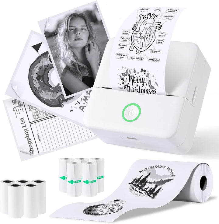 PRAOAHEI Mini Drucker, Tragbarer Fotodrucker mit 10 Rollen Druckerpapier, Bluetooth-Etikettendrucker