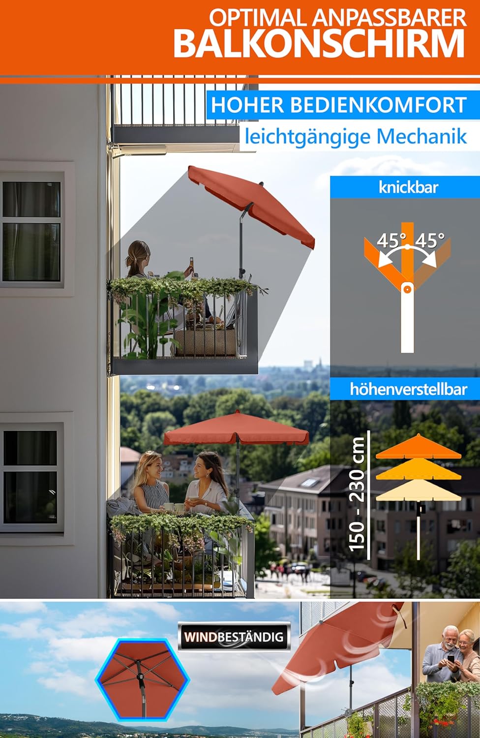 4smile Sonnenschirm Balkon SunnyShade, 200 x 125 cm, Orange - UPF 50+ Sonnenschirm rechteckig als So