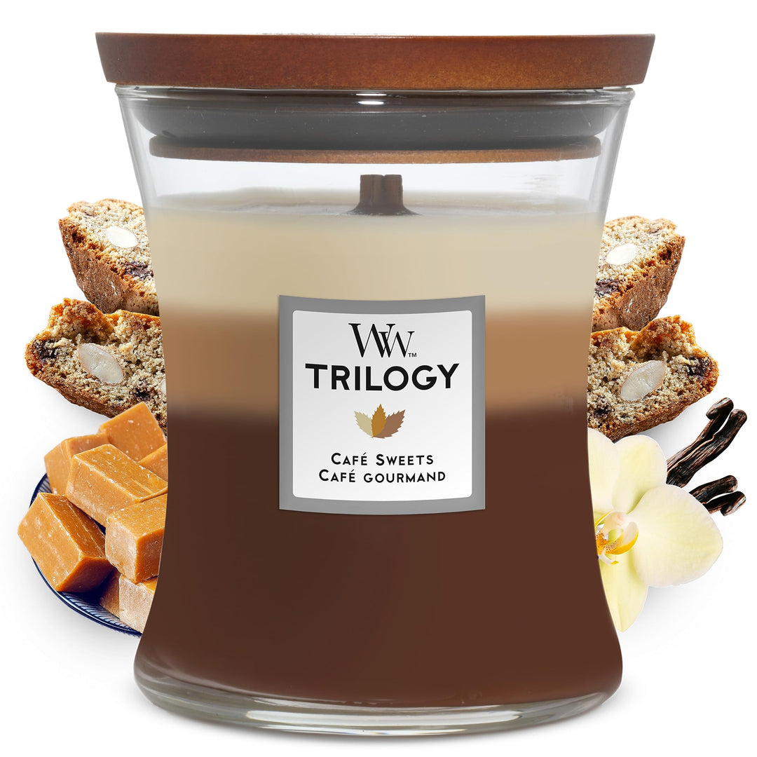 Mittelgrosse WoodWick Trilogy-Duftkerze im Sanduhrglas mit Pluswick-Innovation, Café Sweets