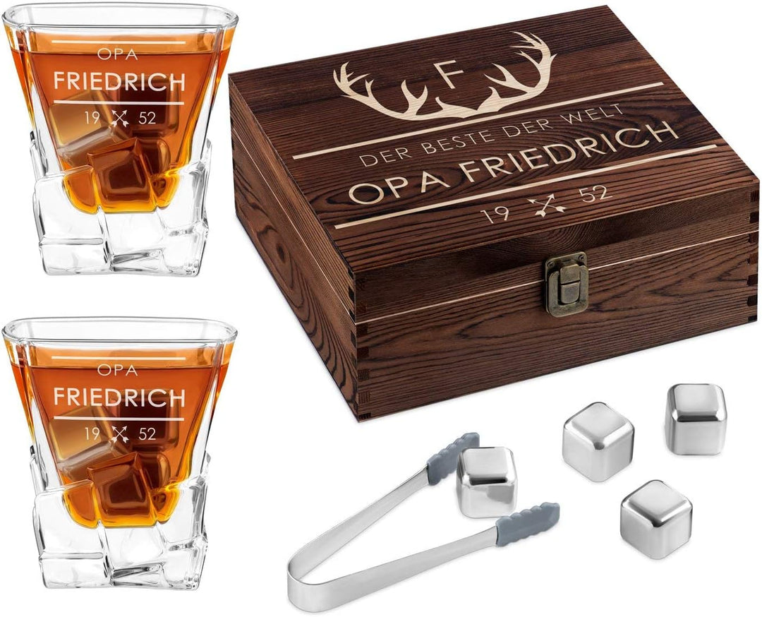 Maverton Whisky Steine Set - in Holzbox mit Gravur - 8 Eiswürfel + 2 Whisky Gläser + Zange + Samtbeu