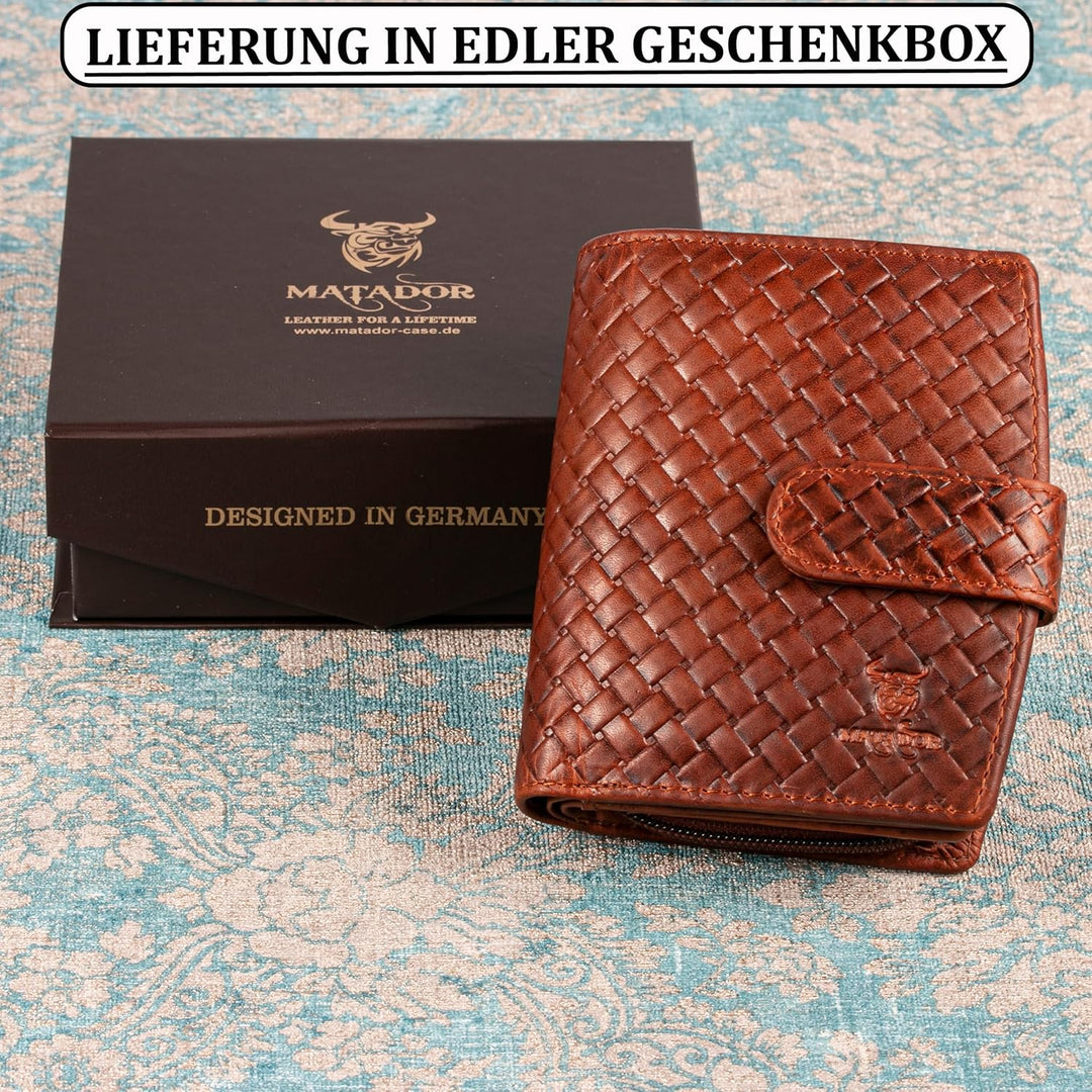 MATADOR Damen Portemonnaie Echt Leder – TÜV Geprüfter RFID & NFC Schutz - Geldbörse KARO Design - Ge