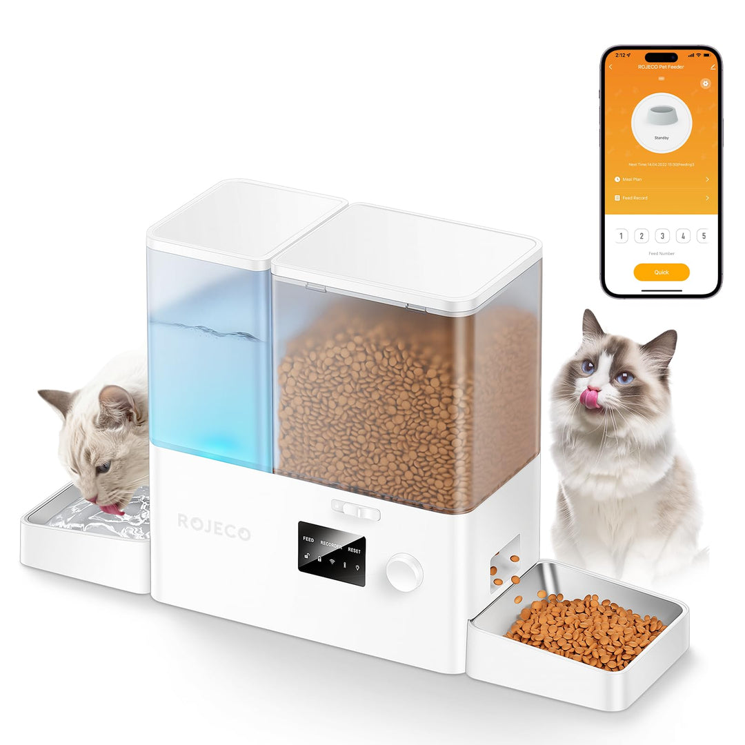 ROJECO Futterautomat Katze und Trinkbrunnen 2-in-1 mit APP WiFi Timer 8,5L katzenfutter automat(5L+3