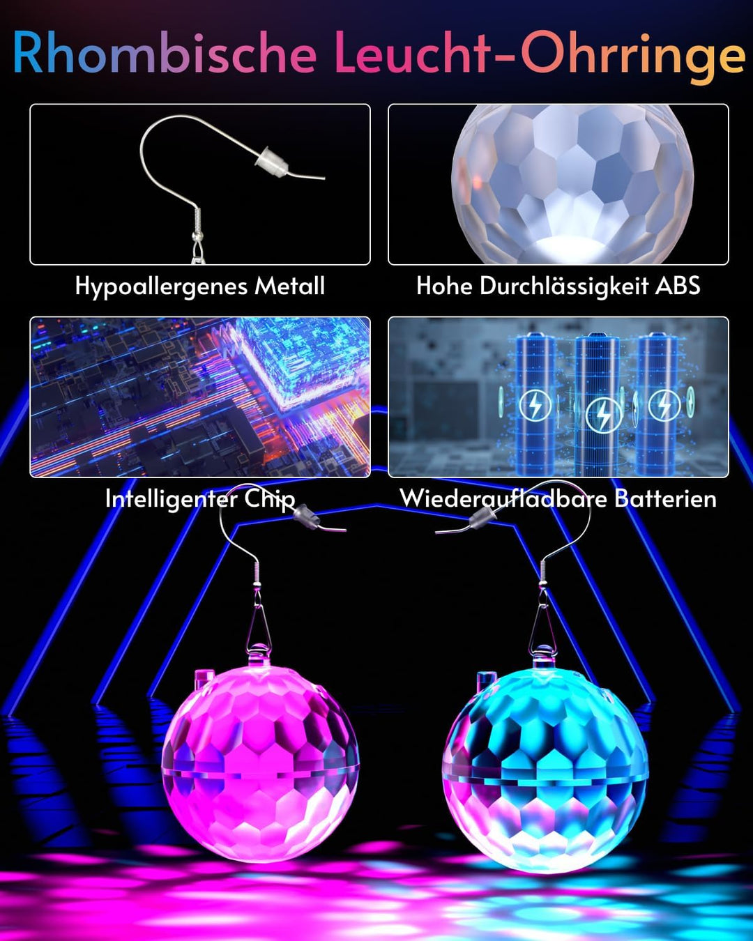 LED Ohrringe Disco Ball Ohrringe 7 RGB Licht Projektion Licht Ohrringe für Frauen Wiederaufladbare L