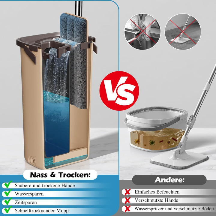 MASTERTOP Flach Mopp mit Eimer und 6 Mikrofaser Moppkopf, Hand-Frei Wischmop & Bodenwischer mit ausw