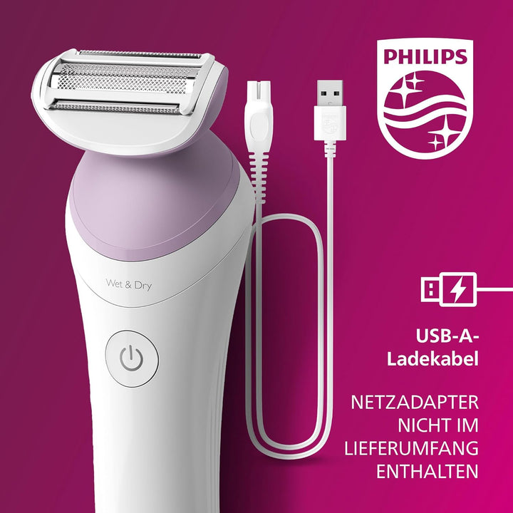 Philips Lady Shaver Series 6000 – Kabelloser Nass- und Trockenrasierer mit 4 Zubehörteilen, Körperpe