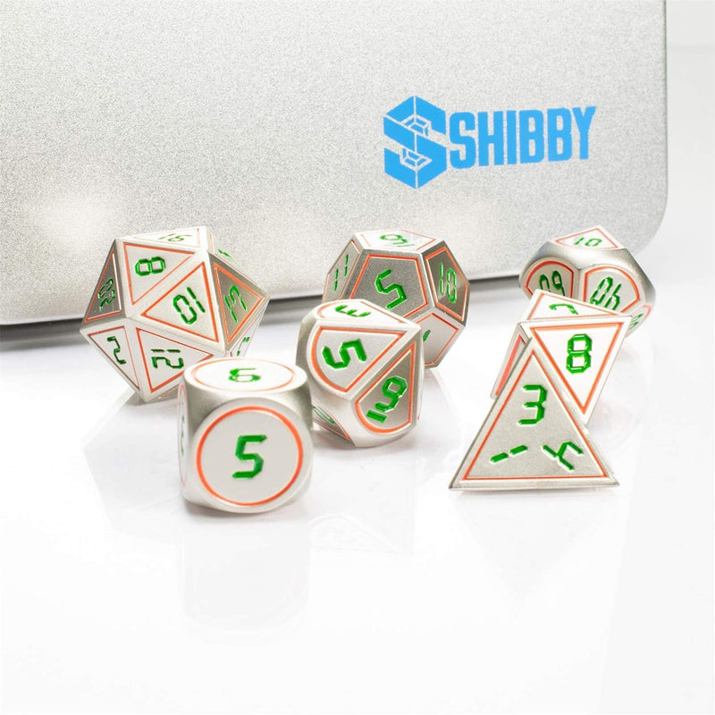 shibby 7 polyedrische Metall-Würfel für Rollen- und Tabletopspiele in Digital Optik D3 inkl. Aufbewa