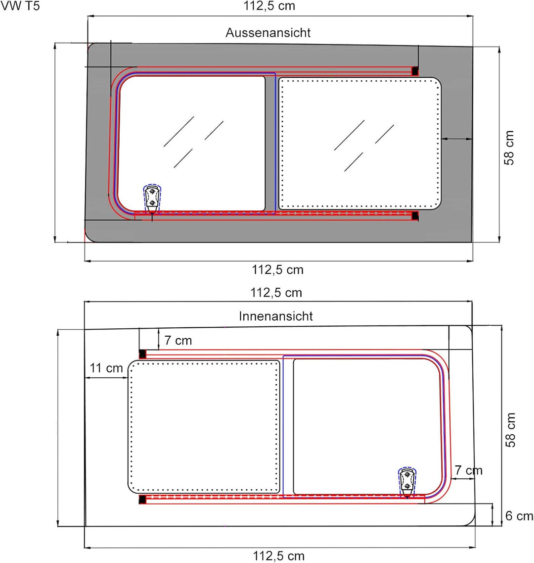 wamovo Schiebefenster Glasfenster passend für VW T5 / T6 rechts, Echtglas 113 x 58 cm, Rechts