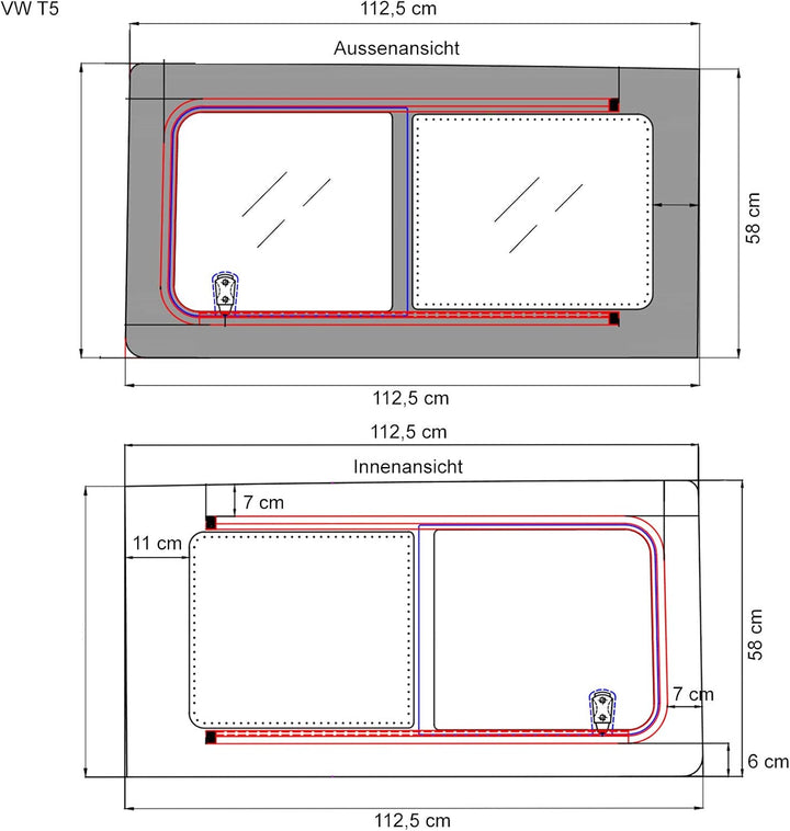 wamovo Schiebefenster Glasfenster passend für VW T5 / T6 rechts, Echtglas 113 x 58 cm, Rechts