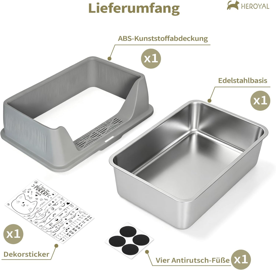 Katzenklo Edelstahl XXXL mit DIY-Aufkleber, 20L Katzentoilette Edelstahl mit Deckel, Grosse Kapazitä