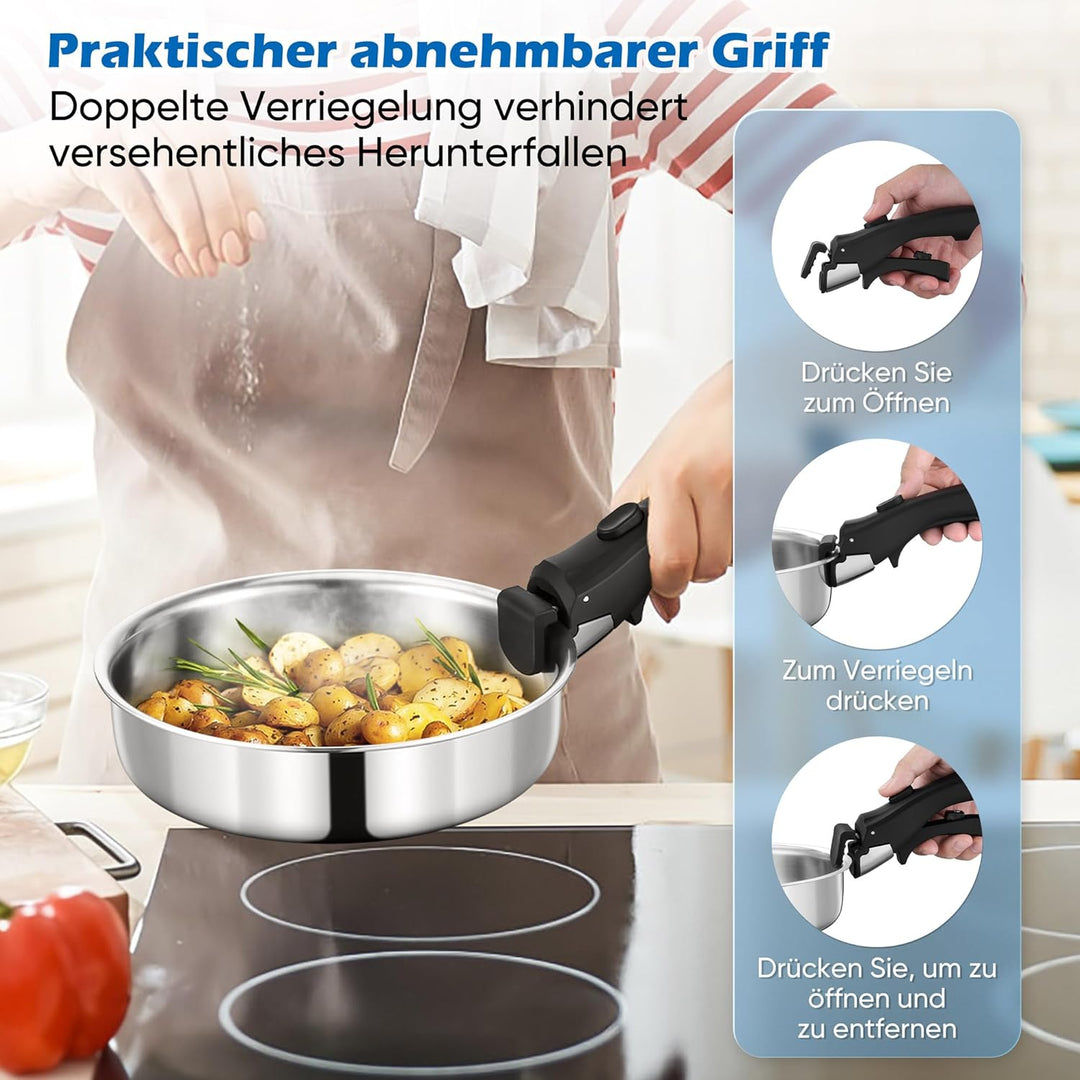 Joyfair Topfset, 9-Teilig Edelstahl Pfannenset mit Abnehmbarer Griff, Stapelbar Induktion Topfsets m
