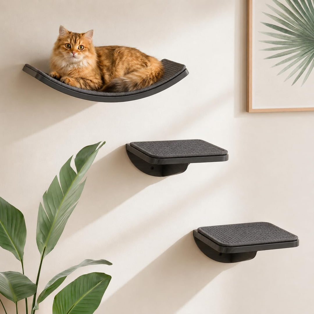 Katzentreppe Wand 3er-Set, Katzen Kletterwand mit 2 Kletterstufen & Gebogenen Plattformen, Wandmonti