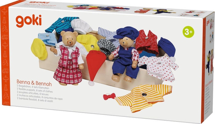 goki 51914 - Biegepuppen Bärchens Klamottenkiste, nachhaltige Holzfiguren, Puppen für Kinder, bewegl