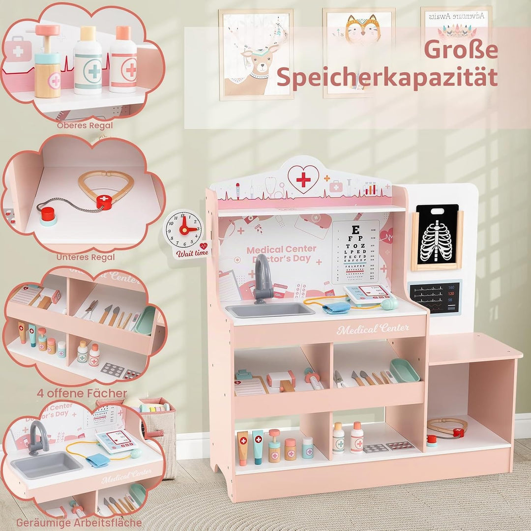 HOMASIS Arzt-Set aus Holz, Arzt-Set für Kinder mit Waschbecken, Sichtprüfung, Elektrokardiogramm, Uh