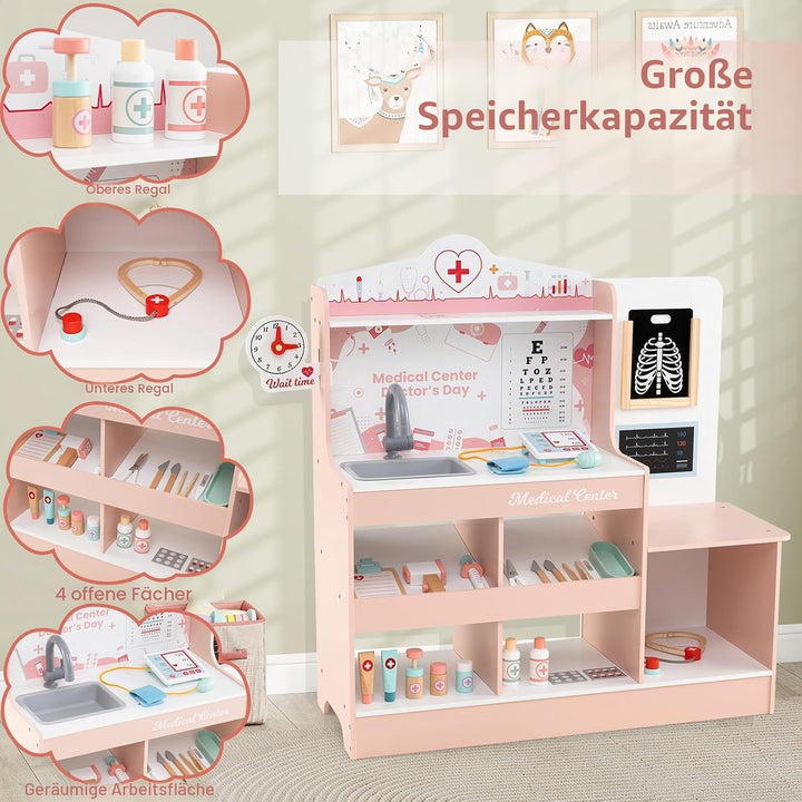HOMASIS Arzt-Set aus Holz, Arzt-Set für Kinder mit Waschbecken, Sichtprüfung, Elektrokardiogramm, Uh