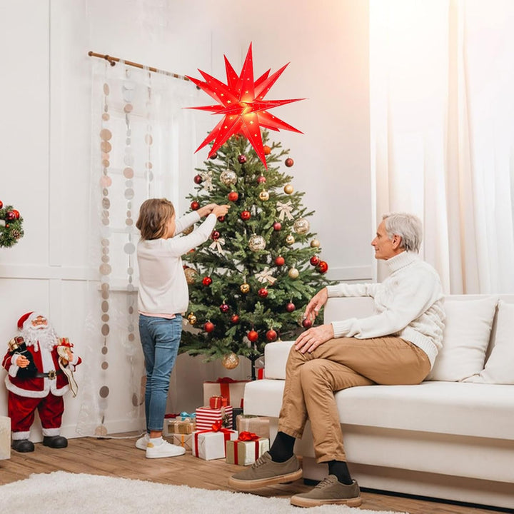 3D Weihnachtsstern Beleuchtet Fenster Batterie mit Timer - 45cm led Weihnachtsbaumspitze Stern, Leuc