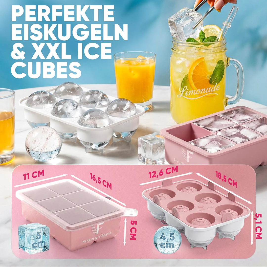 Rosa XXL Eiskugel- & Eiswürfelform Set – Stylische Eisformen aus Platin Silikon für Eiskaffee, Cockt