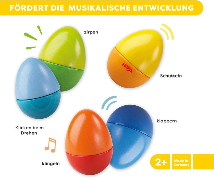 HABA 7733 - Musikeier, 5 farbenfrohe Rasseleier, aus Holz, zur Förderung der musikalischen Entwicklu