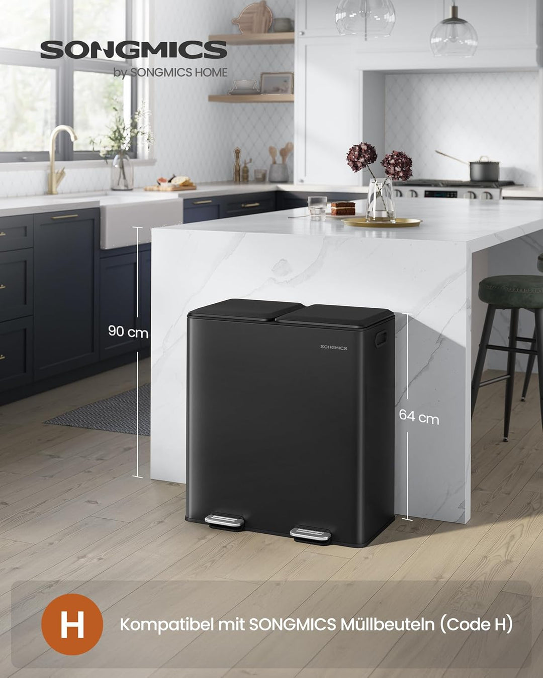 SONGMICS Mülleimer Küche, 2 x 30 L, 2 Fächer, Mülltrennsystem, Softclose, herausnehmbare Inneneimer,