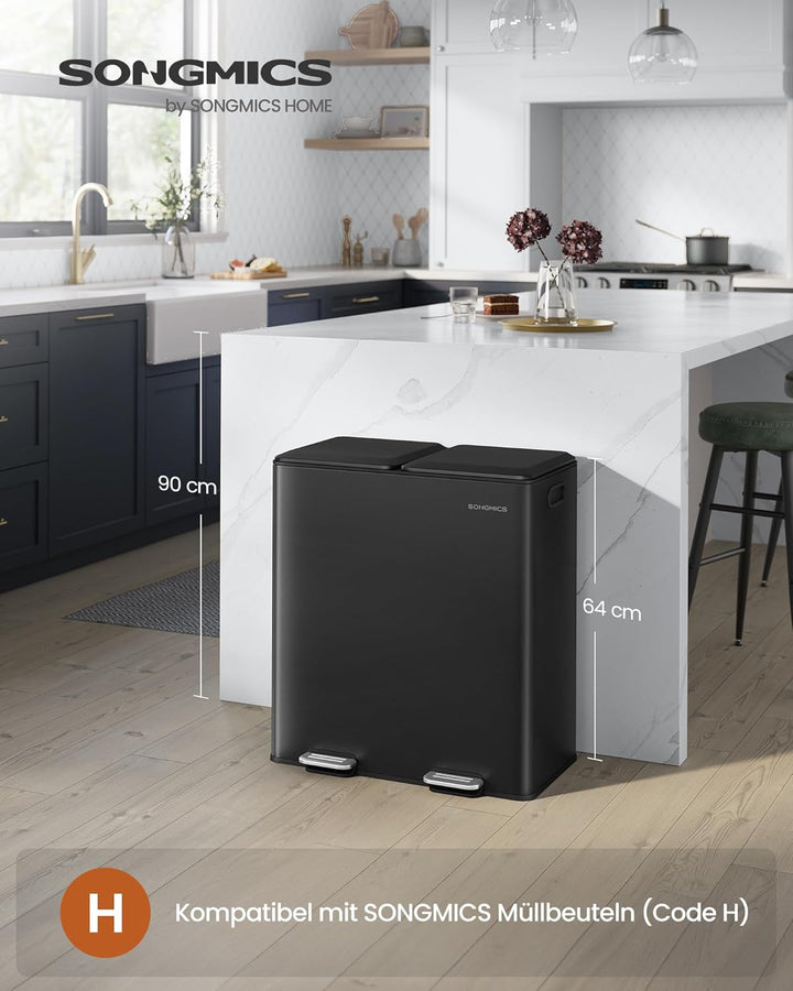 SONGMICS Mülleimer Küche, 2 x 30 L, 2 Fächer, Mülltrennsystem, Softclose, herausnehmbare Inneneimer,
