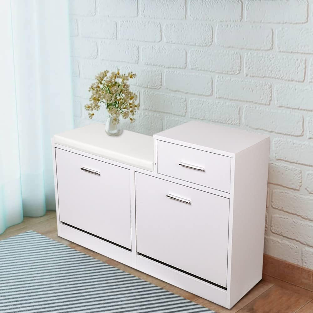 BAKAJI Schuhtruhe, gepolsterte Sitzbank, Weiss, Holz, Slim, 5 x 57 x 30 cm, 94,5x57x30 cm