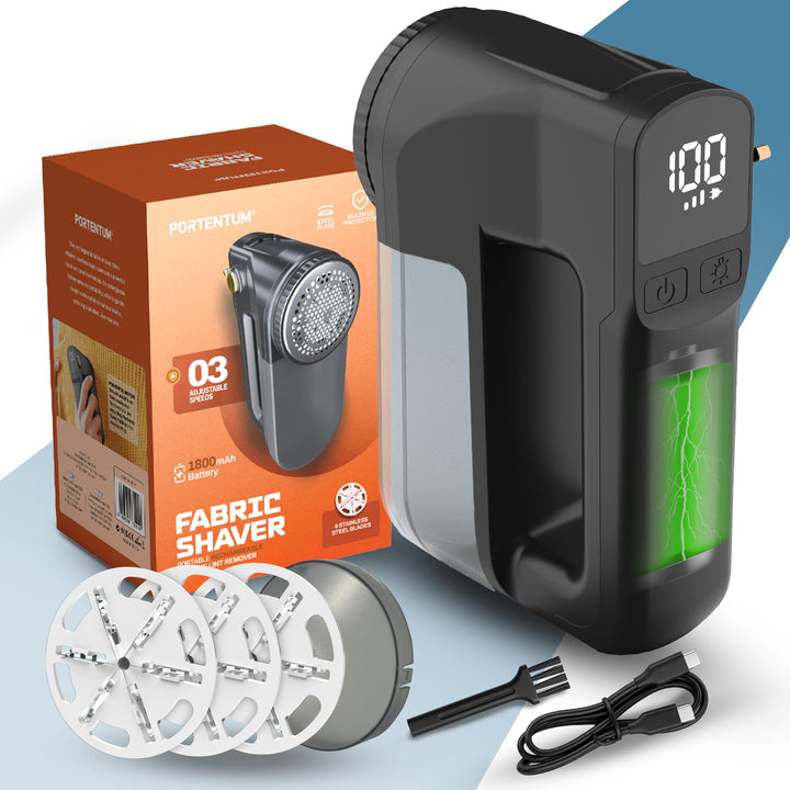 PORTENTUM Fusselrasierer Elektrisch mit LED-Licht – LED-Anzeige, 3 Stufen bis 9.000 U/Min, 6-Klingen