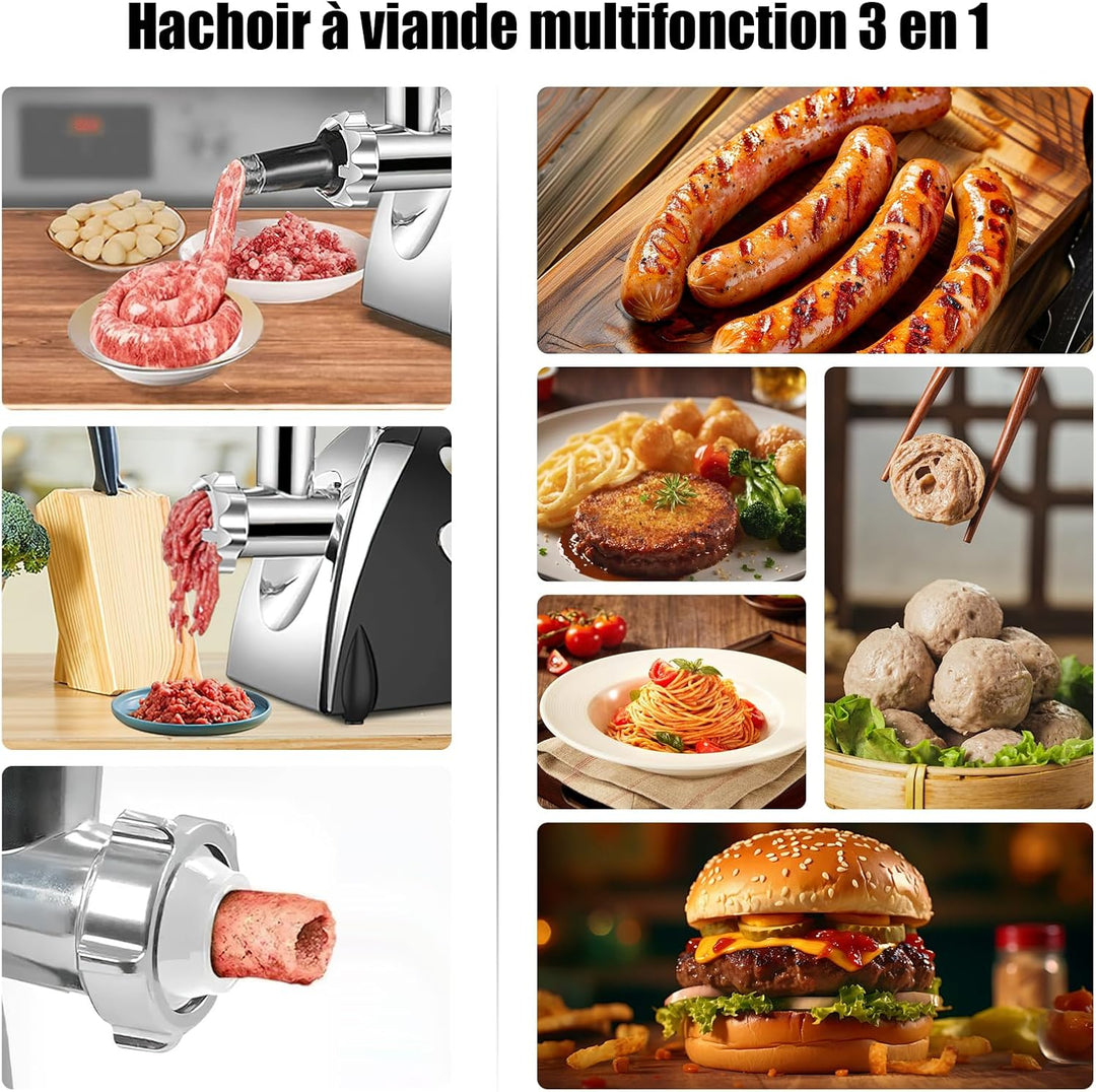 Elektrischer Fleischwolf, 2800W 3 in 1 Fleischwolf, mit 3 Platten aus Edelstahl für 3 mm, 5 mm und 7