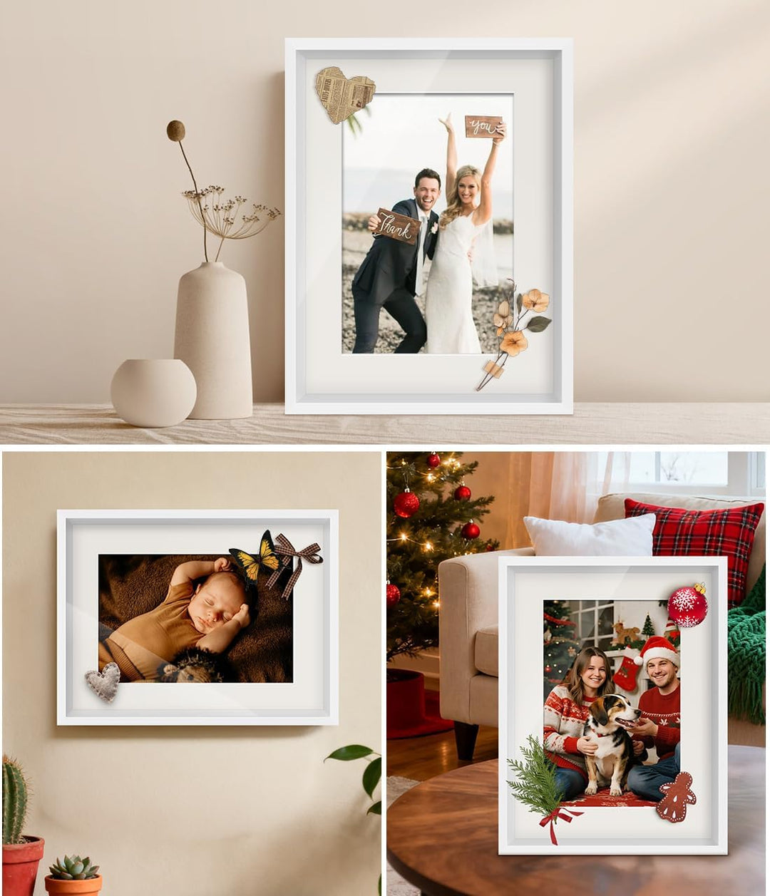 3D Bilderrahmen zum Befüllen Weiss 30x40cm, Holz MDF 3D Objektrahmen mit Glas, 3cm Tiefer Bilderrahm