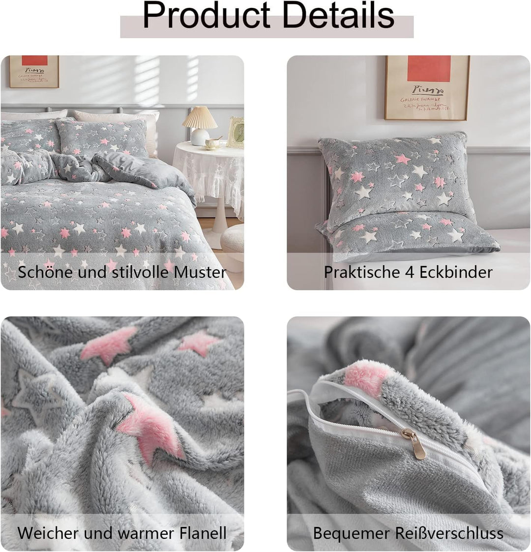 Freyamy Flanell Bettwäsche 135x200cm 2teilig Rosa Grau Sterne Leuchtend im Dunkeln Kinder Winterbett