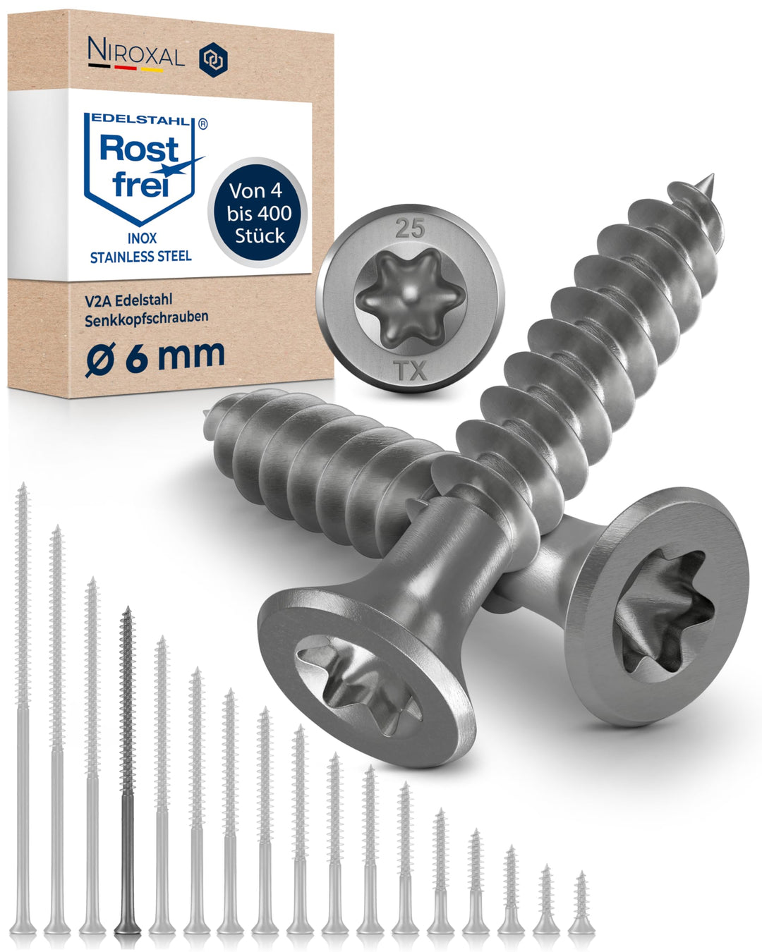 Schrauben Torx Edelstahlschrauben 6x120 Edelstahl V2A rostfrei Spanplattenschrauben für Holz Teilgew