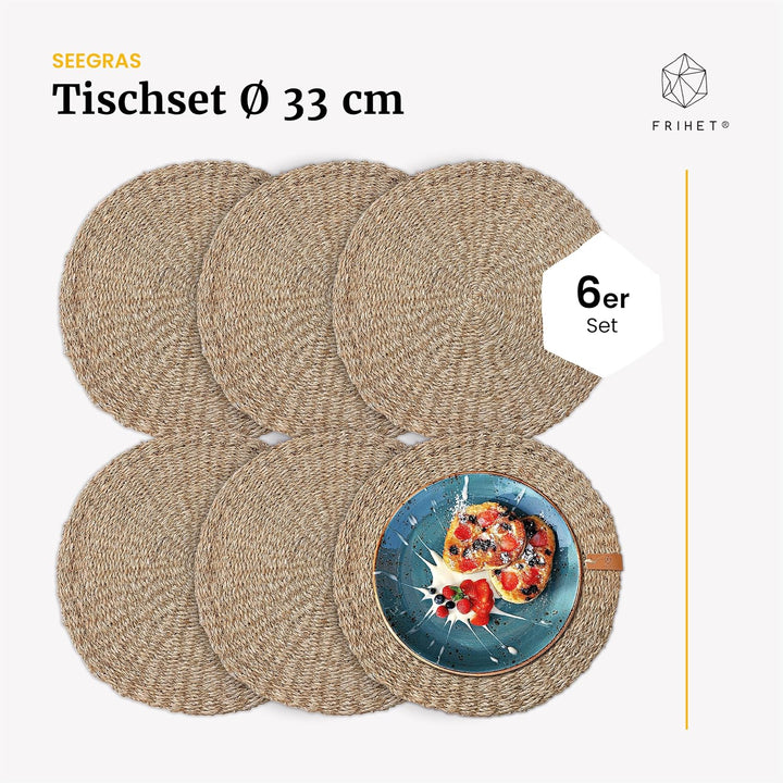 FRIHET Tischset rund - Seegras geflochten (6er Set) Platzset Ø 33 cm, Natur Tischdeko, Tischsets Pla