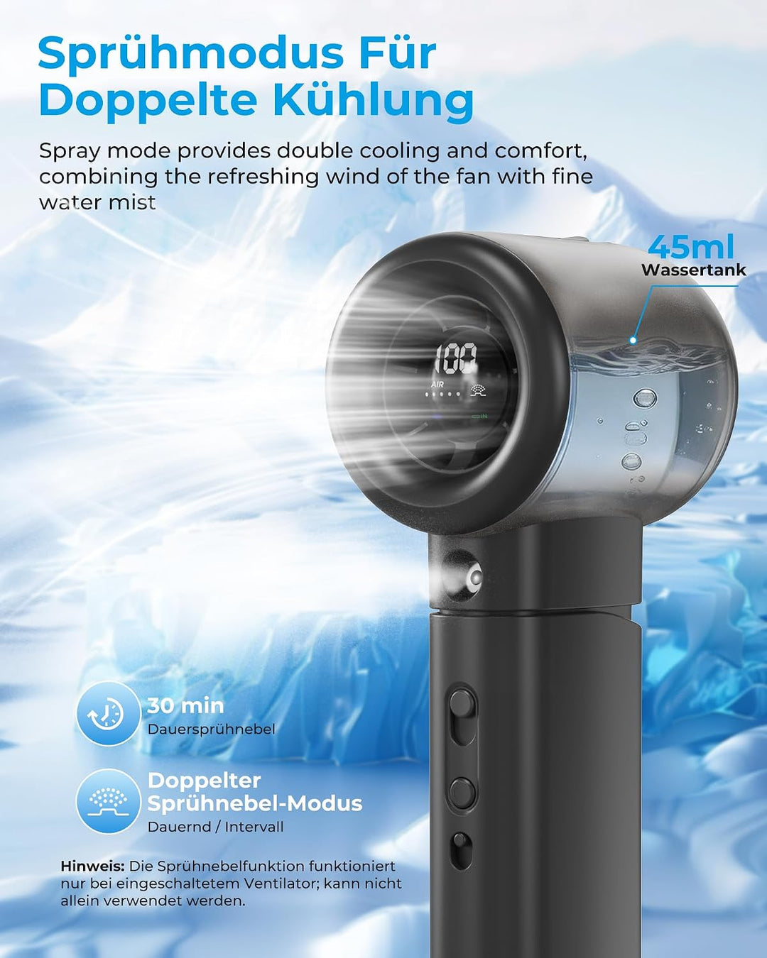 Handventilator mit Sprühfunktion – 16000RPM,5000mAh Akku,1–100 Stufenlos Einstellbar,USB-aufladbar,T