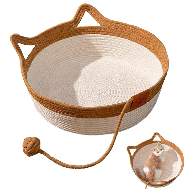 MEISO Katzenbett aus Baumwolle, handgewebt, Korb mit Spielzeugschwanz, faltbar und atmungsaktiv (S),