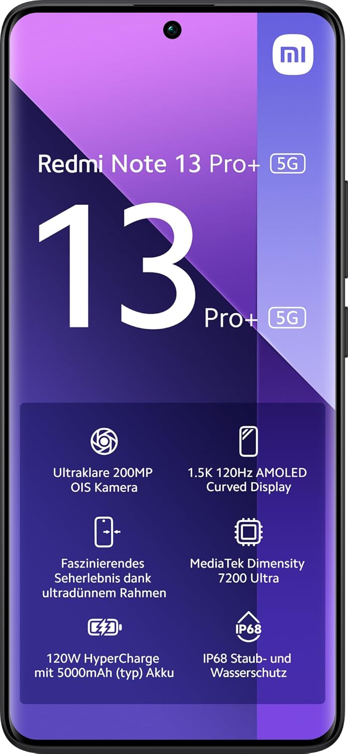 Xiaomi Redmi Note 13 Pro+ 5G Smartphone, 8+256GB Handy ohne Vertrag, Schwarz Black 8+256 Note 13 Pro