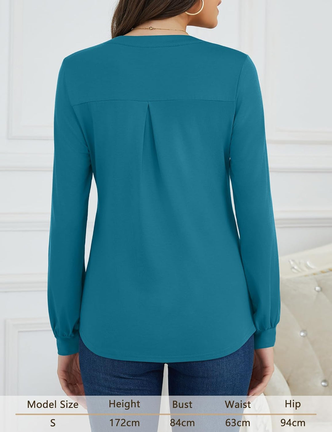 Beluring Langarmshirt Damen Elegant V Ausschnitt Tunika Bluse Einfarbig T-Shirt S Seeblau, S Seeblau