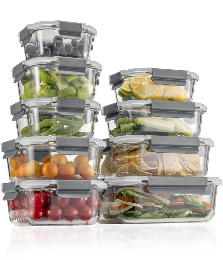 Glas-Frischhaltedosen Set für Lebensmittel,18 Teile (9Behälter, 9 Transparente Deckel) Spülmaschinen