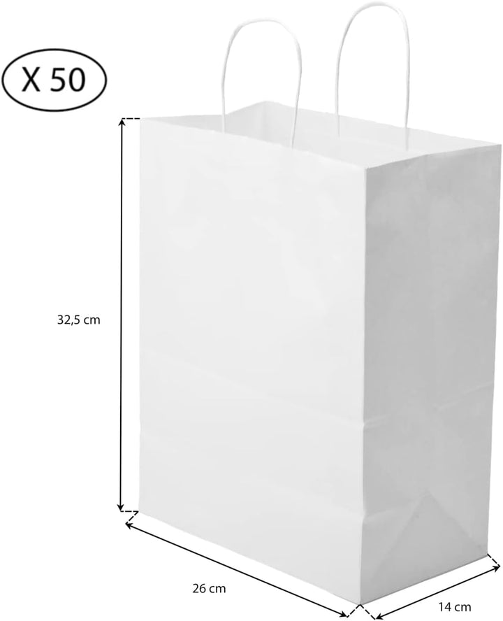 Extiff Papiertragetaschen mit Griffen, 26 x 14 x 32 cm, Geschenkverpackung, Weiss, 50 Stück x50 weis