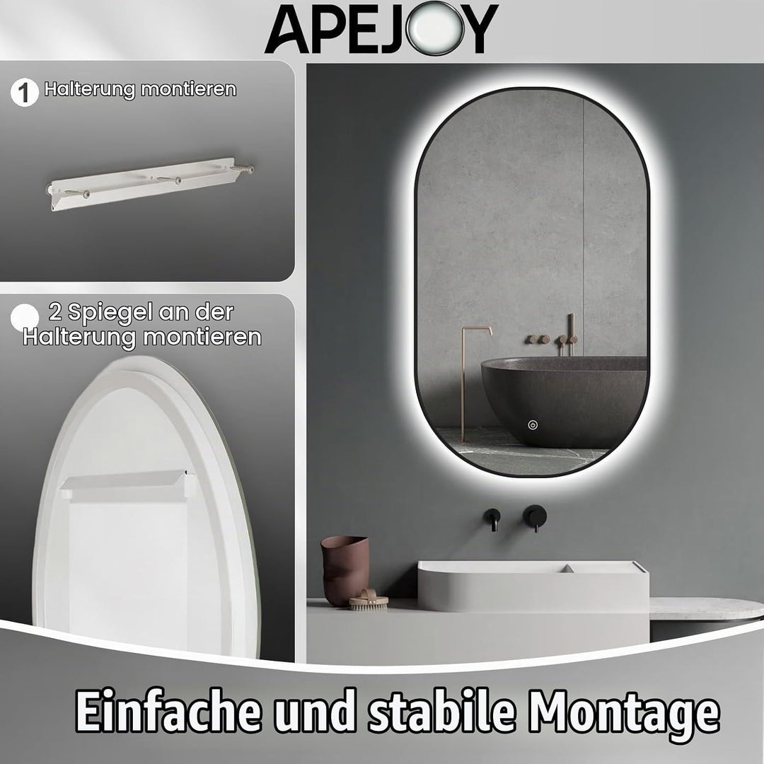 Apjeoy LED Badspiegel Oval 45 x 75 cm Wandspiegel mit matt schwarz Metallrahmen Beleuchtung Badezimm
